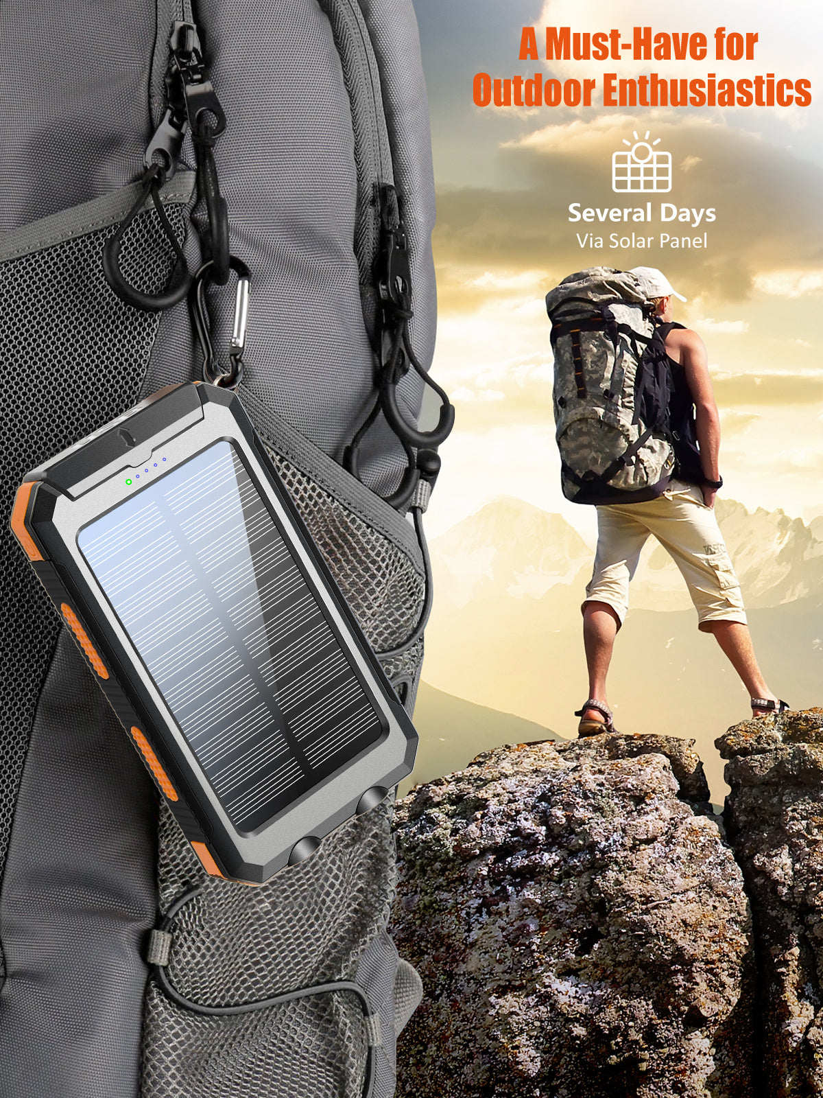 Solar Power Bank 20100mAh, 20W PD Fast Charging Portable Charger with Built-in 4 Cables, Dual LED Flashlights & Solar Panel Backup for Outdoor Camping, Hiking, and Emergency - Cnt Tech
