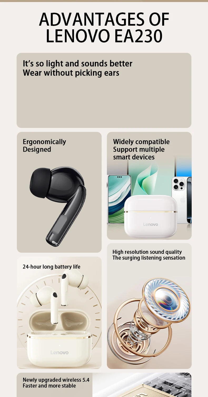 Lenovo EA230 TWS Gaming Bluetooth Earphone 360° Stereo Sound Effects Wireless Headphone Original 100%  Earbuds for Sport Running