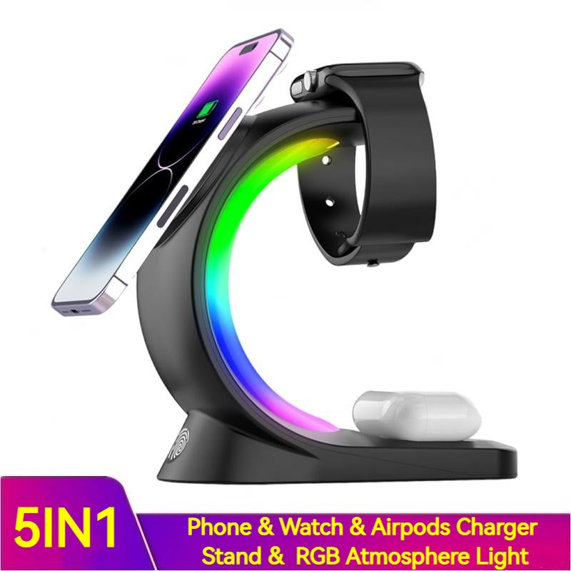 4 In 1 Magnetic Wireless Charger Fast Charging For Smart Phone Atmosphere Light Charging Station For Airpods Pro I-phone Watch - Cnt Tech